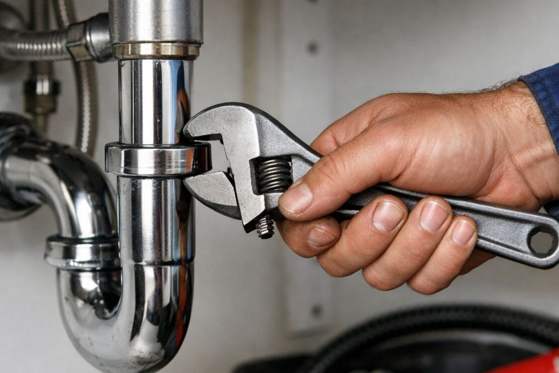Emergency Plumber in Tyler TX using adjustable wrench on P-trap pipes for emergency plumbing repair in Tyler TX