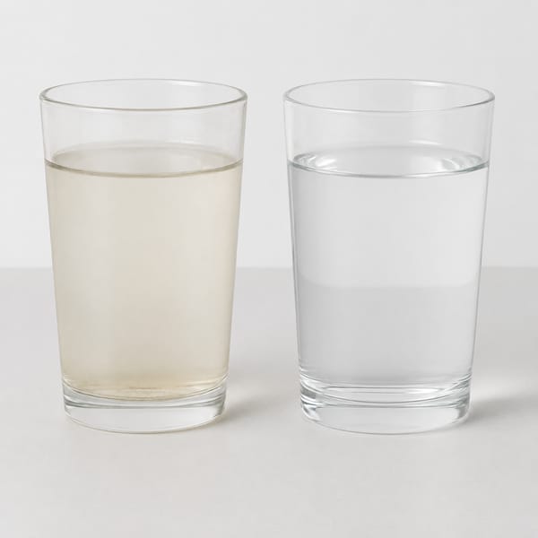 Two glasses showing the difference between hard water and clean filtered water